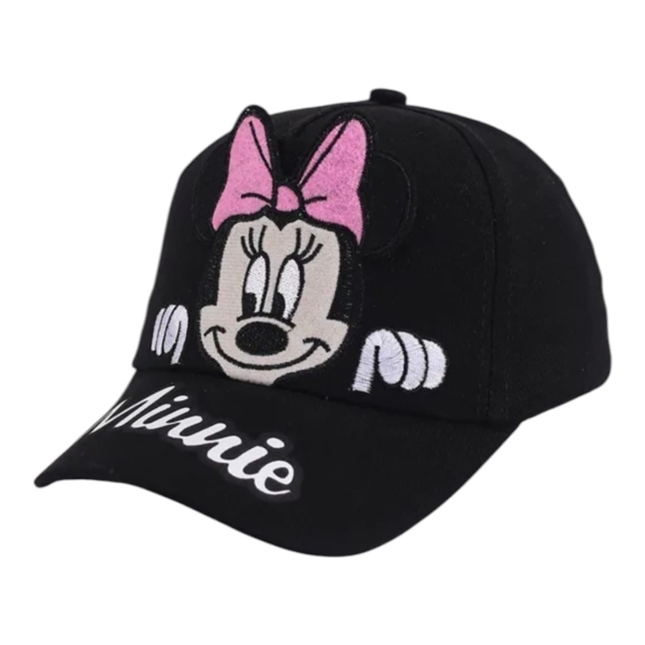 Gorra Acüchichi negra para niños con bordado de Minnie Mouse y lazo rosa, estilo béisbol con visera curva.