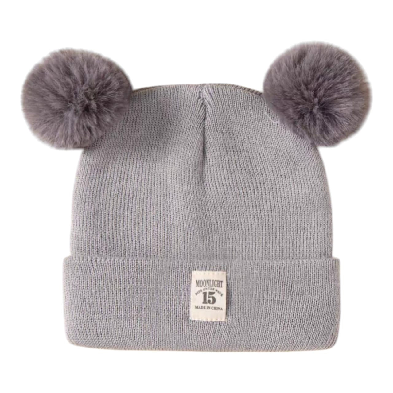 Gorro de invierno gris Acüchichi para niños, tejido de punto con dos pompones de piel sintética y parche decorativo.