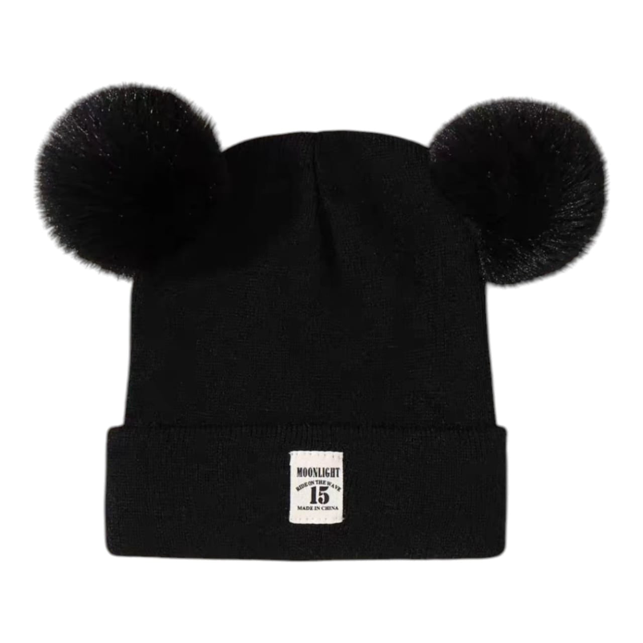 Gorro de invierno negro Acüchichi tejido con dos pompones de piel sintética y parche decorativo frontal