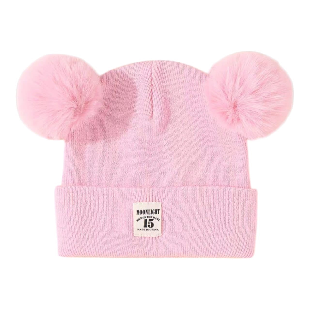 Gorro de invierno Acüchichi rosa para niñas, tejido de punto con dos pompones de piel sintética y parche decorativo.
