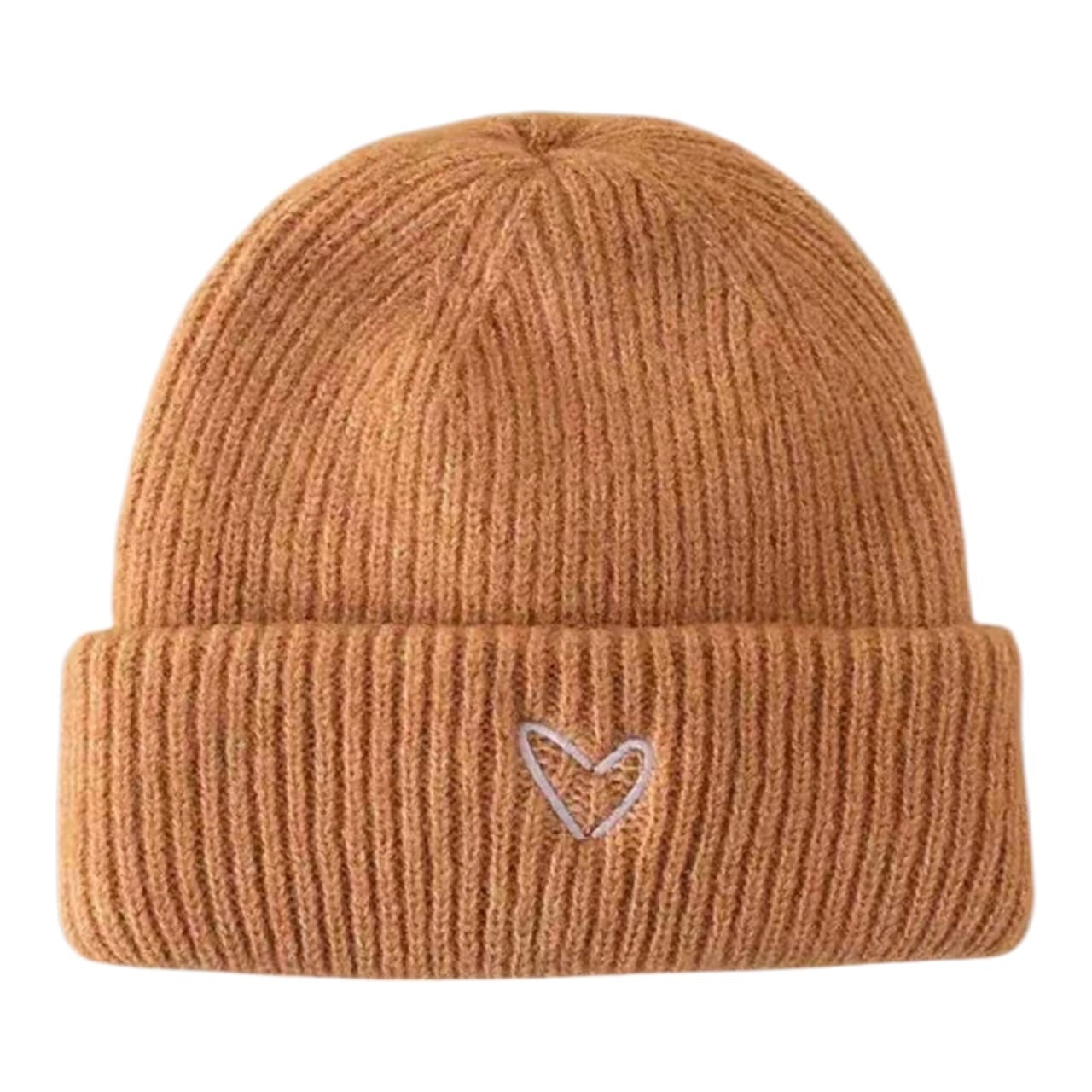 Gorro Acüchichi de punto acanalado color marrón con dobladillo vuelto y detalle de corazón bordado en el frente
