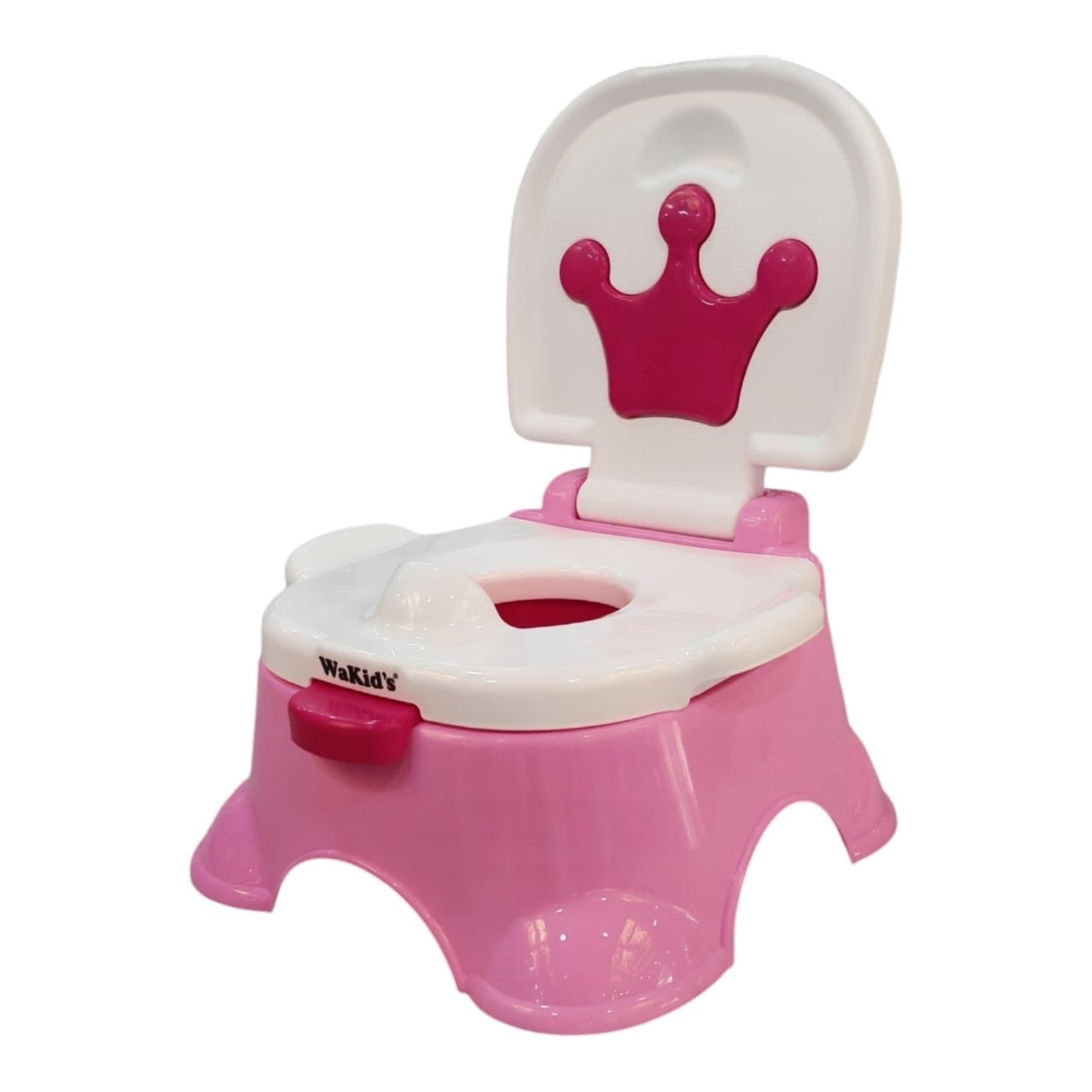 Inodoro entrenador infantil Acüchichi WaKid's color rosa y blanco con diseño de corona y respaldo ergonómico