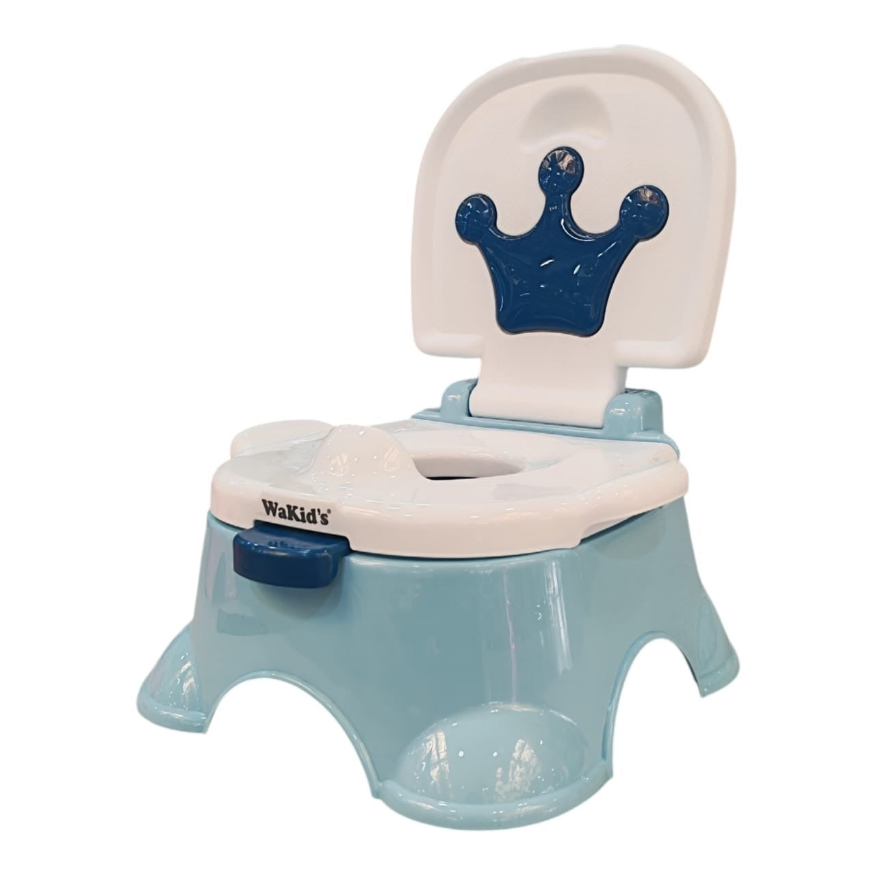 Inodoro entrenador infantil Acüchichi WaKid's color azul claro con diseño de corona y respaldo ergonómico.