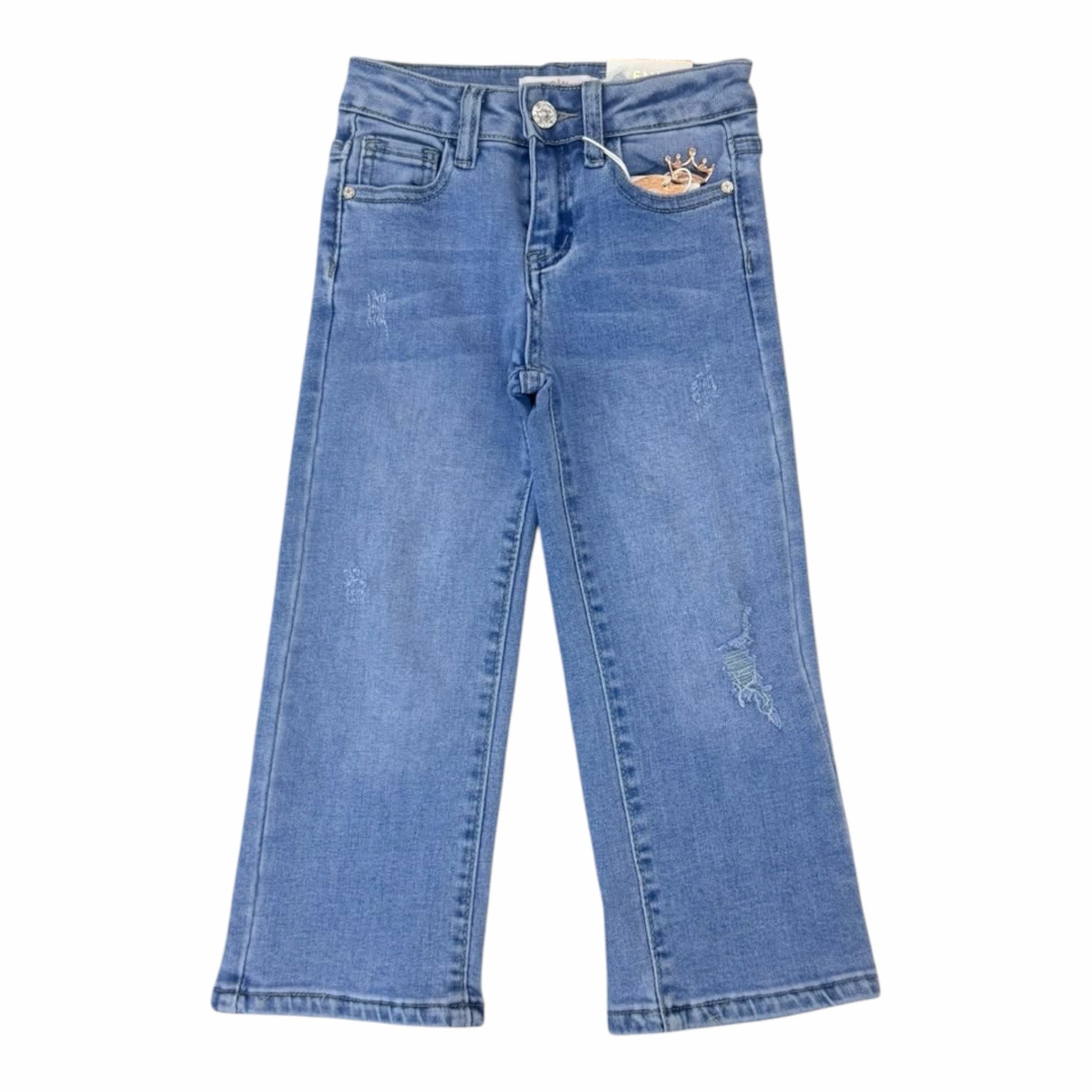 Pantalones de mezclilla Acüchichi para niñas, corte recto en azul claro con detalles desgastados y cierre de botón.