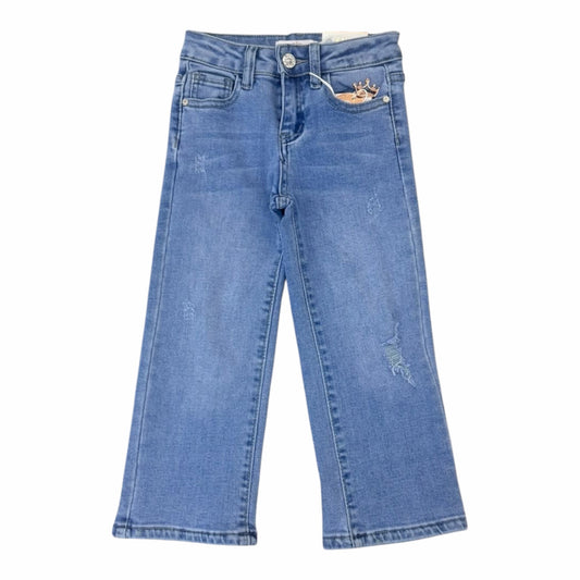 Pantalones de mezclilla Acüchichi para niñas, corte recto en azul claro con detalles desgastados y cierre de botón.