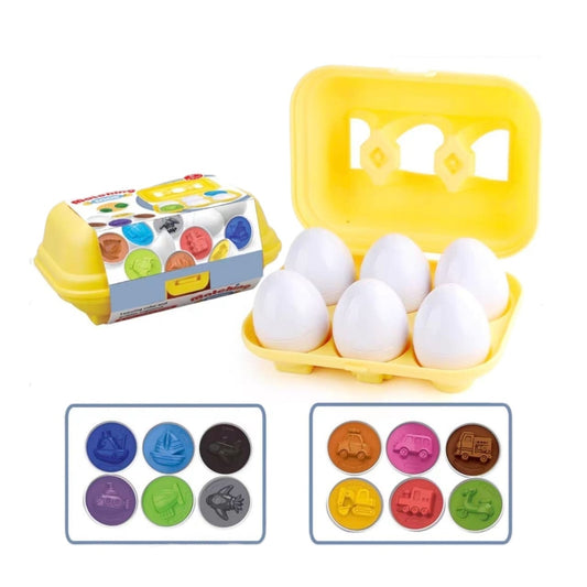 Juego educativo Acüchichi de huevos didácticos blancos con formas y colores para emparejar en caja amarilla