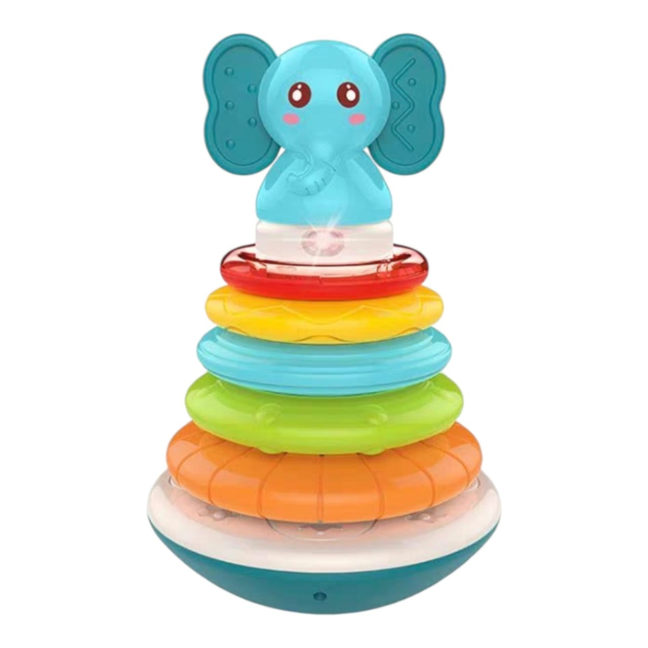 Juguete educativo Acüchichi de apilamiento con forma de elefante, anillos coloridos y base oscilante para bebés.