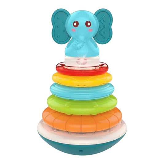 Juguete educativo Acüchichi de apilamiento con forma de elefante, anillos coloridos y base oscilante para bebés.