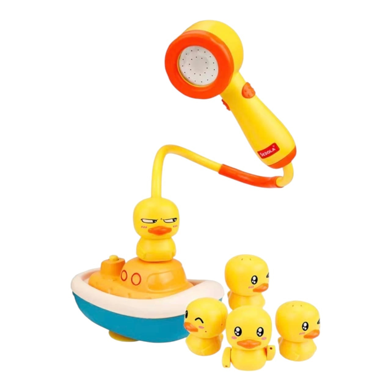 Set de baño Acüchichi con barco, ducha amarilla ajustable y patitos de goma para niños