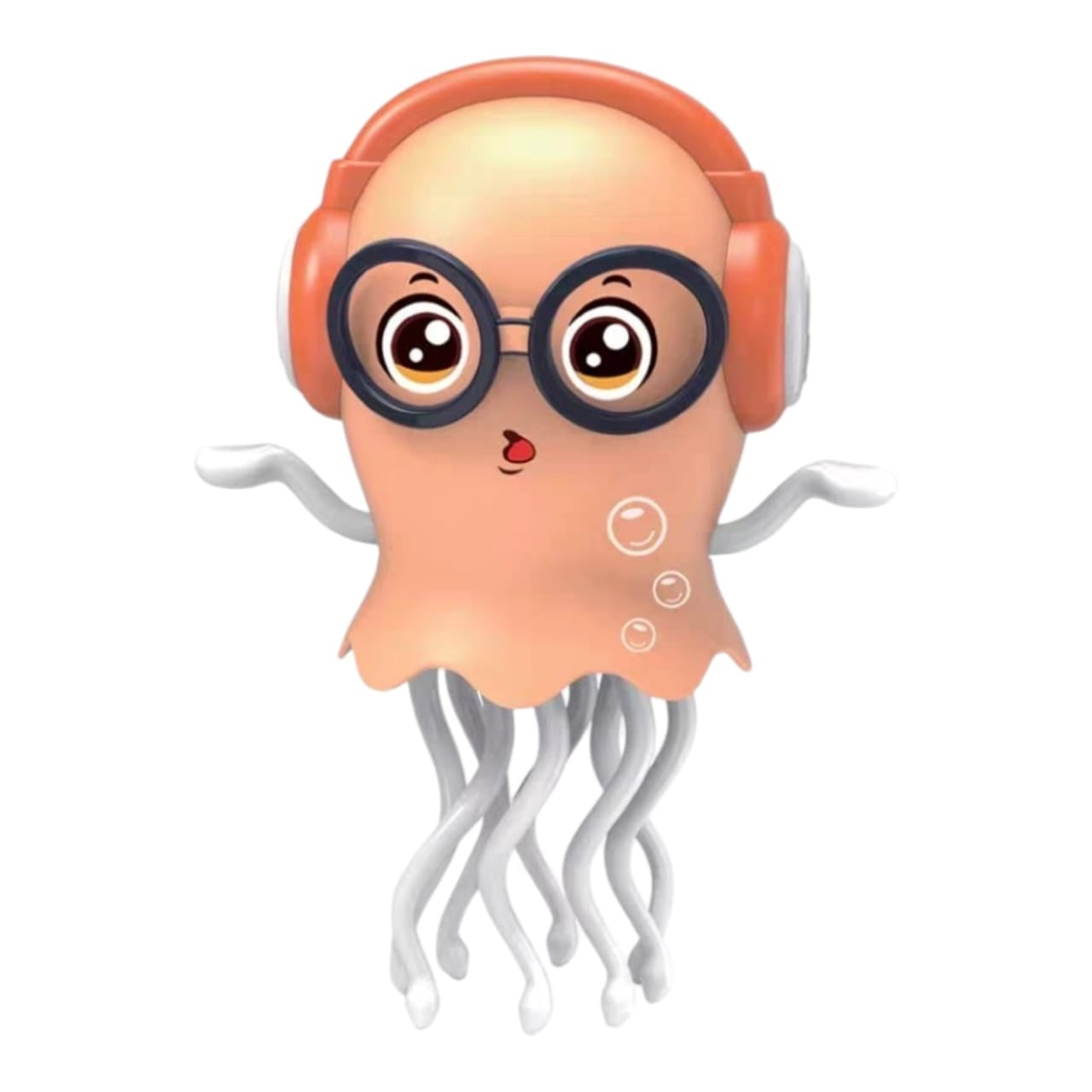 Juguete interactivo Acüchichi de medusa color melocotón con audífonos naranjas y lentes, ideal para niños.