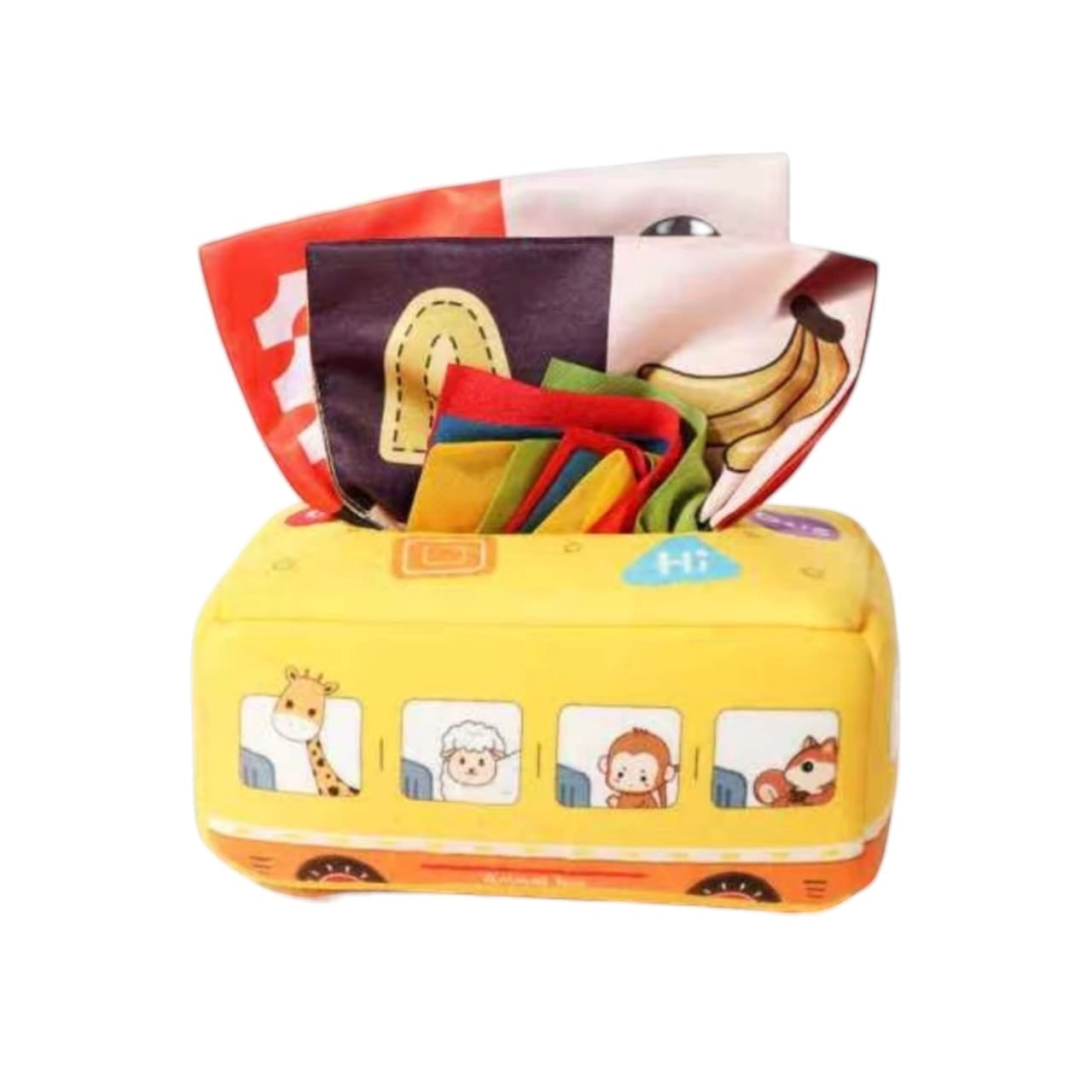 Juguete educativo de peluche Acüchichi tipo caja de pañuelos con diseño de autobús, telas coloridas y animales.