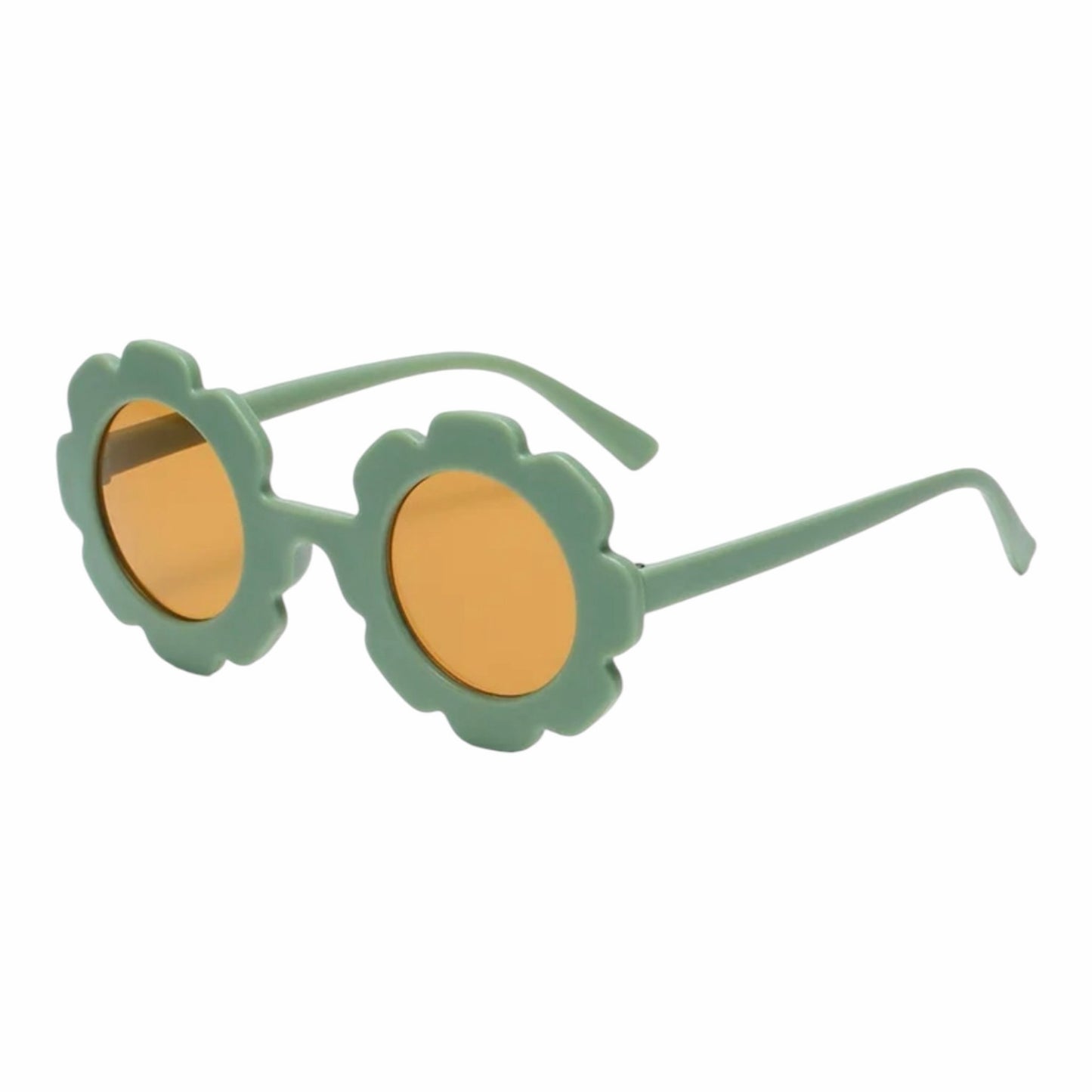 Gafas de sol Acüchichi para niños con marco verde en forma de flor y lentes color ámbar para protección solar.