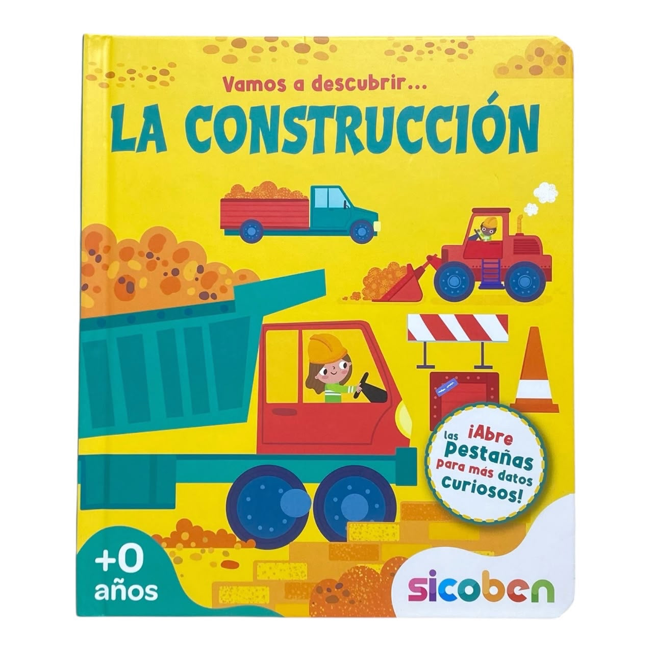 Libro infantil interactivo Acüchichi sobre construcción con pestañas desplegables, ilustraciones de camiones y colores
