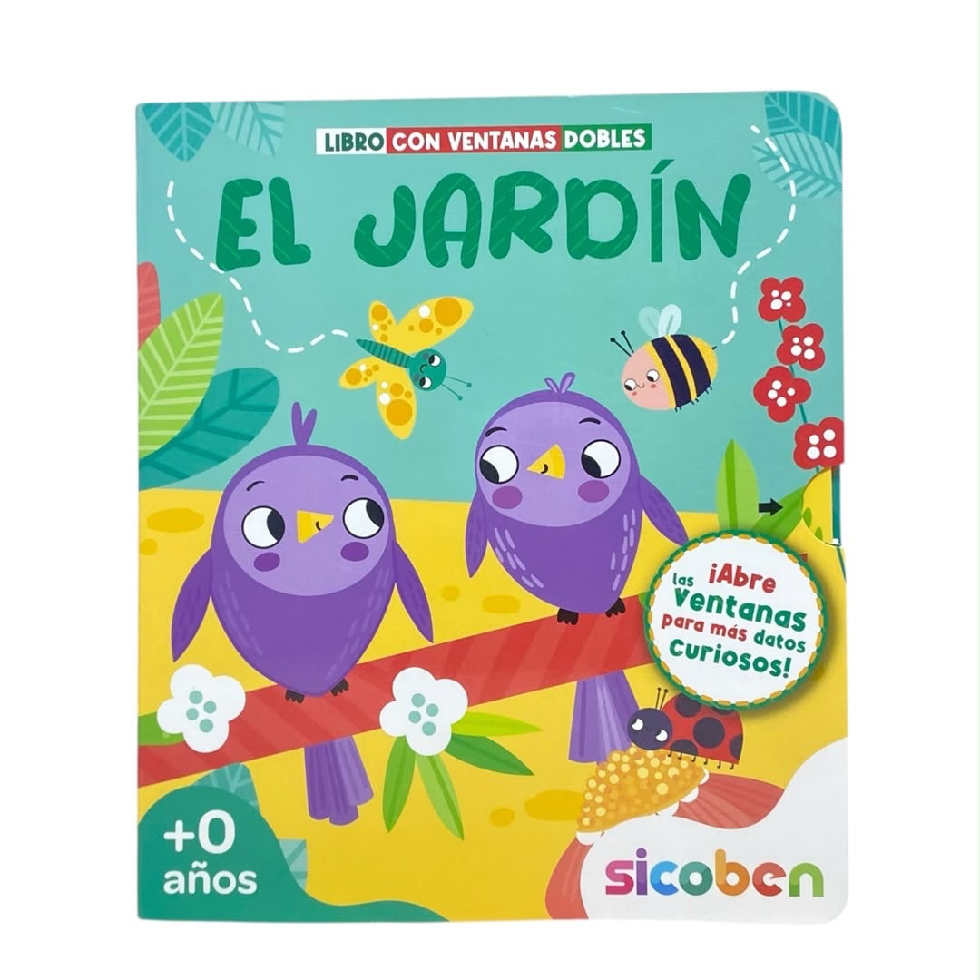 Libro infantil Acüchichi El Jardín de cartón con ilustraciones coloridas de pájaros y ventanas interactivas para bebés