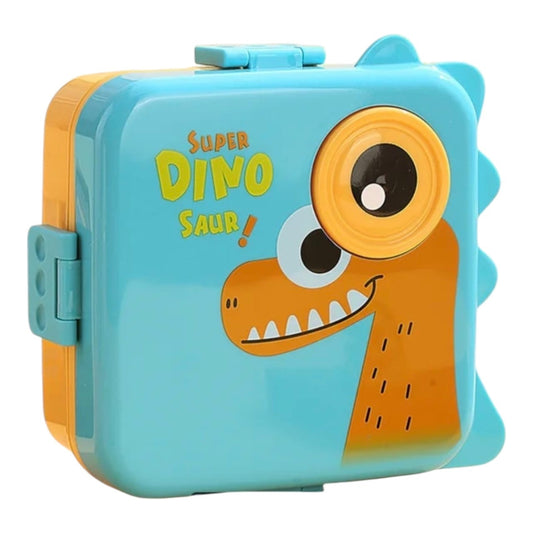 Lonchera infantil Acüchichi azul con diseño de dinosaurio naranja, escamas laterales y cierre seguro para niños.