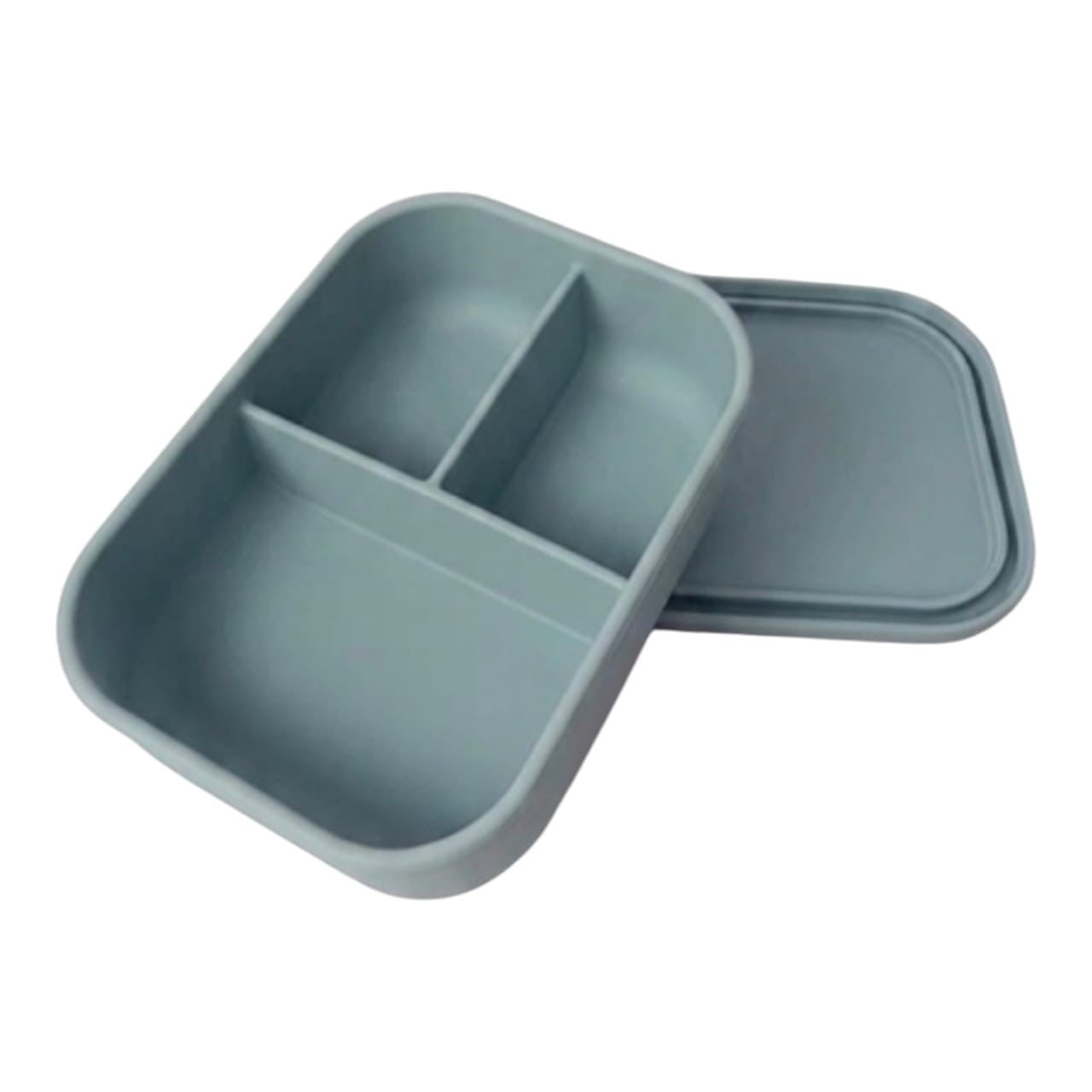Lonchera Acüchichi de silicona azul grisáceo con tres divisiones internas y tapa, diseño minimalista y duradero.