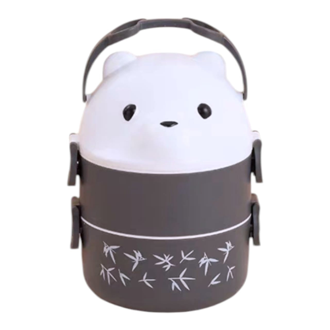 Lonchera térmica Acüchichi de dos niveles con diseño de oso en color blanco y gris con estampado de bambú