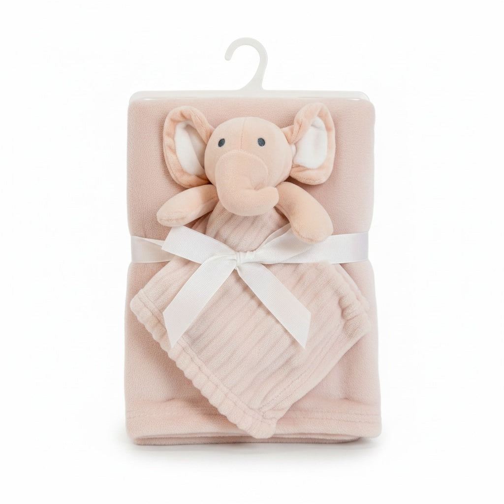 Set de regalo Acüchichi con manta polar rosa suave y peluche de elefante, ideal para recién nacidos.
