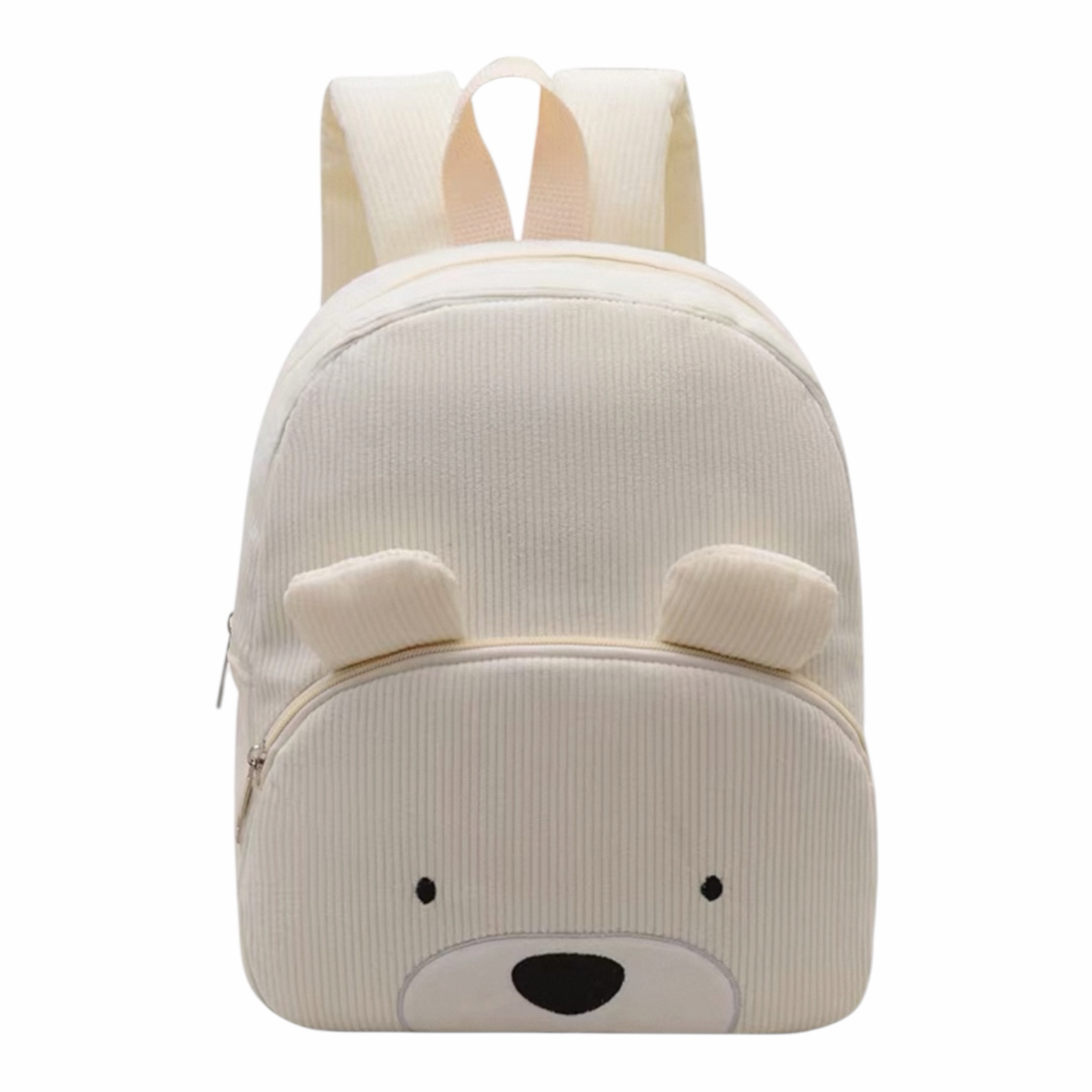 Mochila infantil Acüchichi de pana color blanco roto con diseño de oso, correas ajustables y bolsillo frontal.