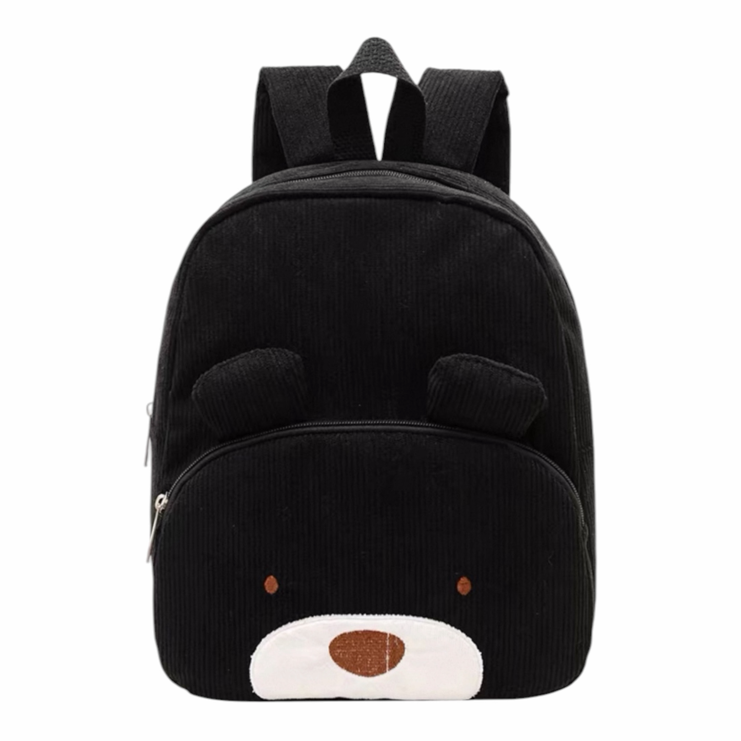 Mochila infantil Acüchichi de pana negra con diseño de oso, compartimento principal y bolsillo frontal.