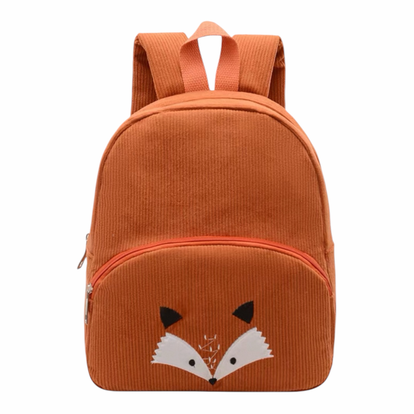 Mochila infantil Acüchichi de pana naranja con diseño de zorro bordado, correas ajustables y bolsillo frontal.