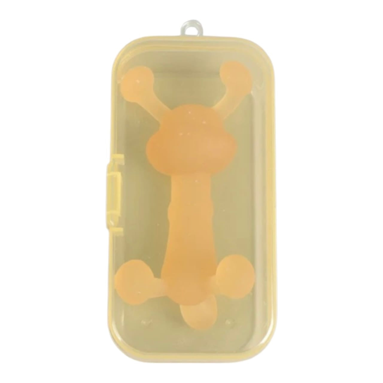 Mordedor de silicona Acüchichi con forma de conejo color melocotón en su estuche protector para bebés