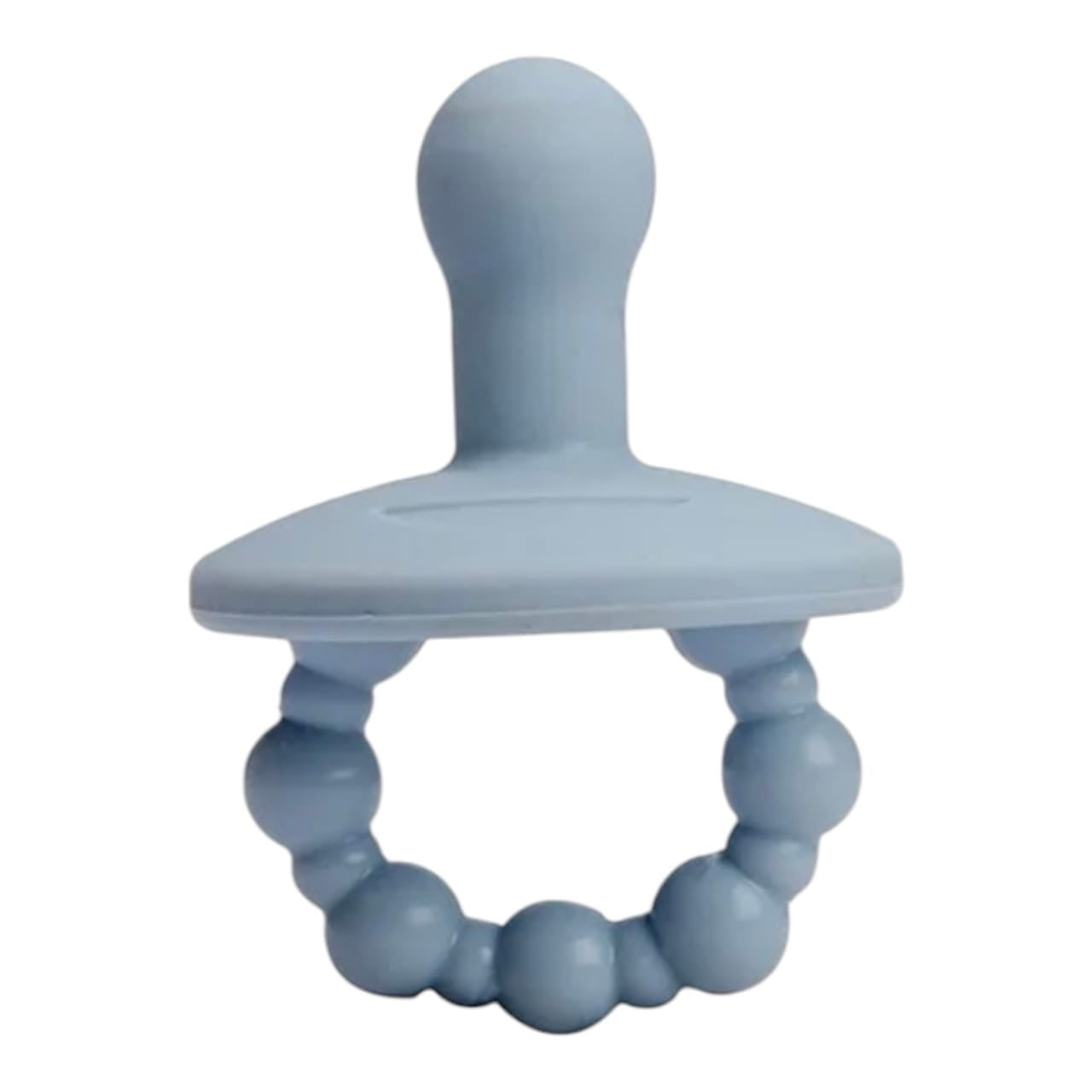 Mordedor de silicona azul Acüchichi con diseño ergonómico y anillo de cuentas texturizadas para aliviar la dentición.