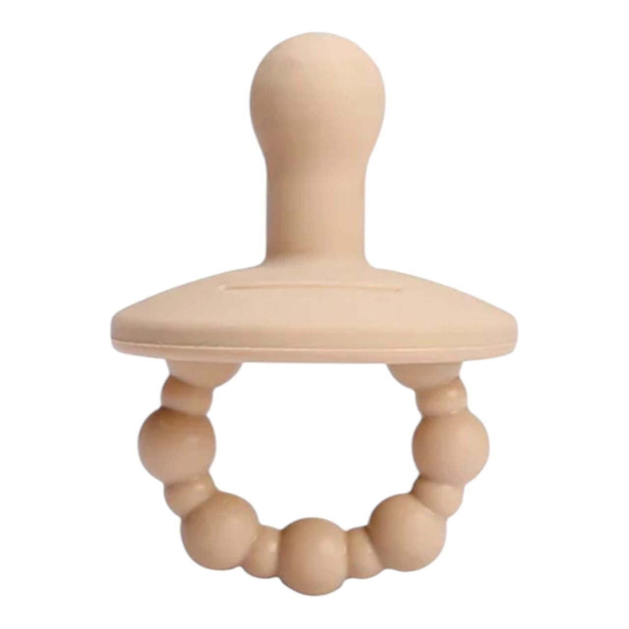 Mordedor de silicona Acüchichi color beige con diseño ergonómico de chupete y anillo de cuentas para bebés