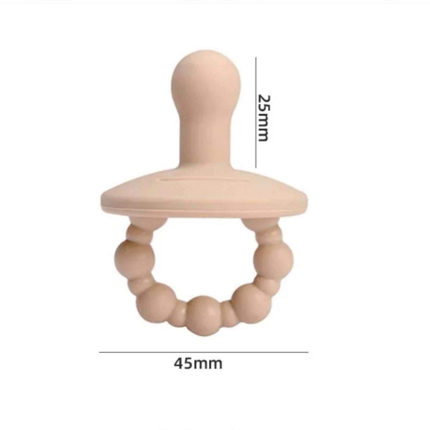 Mordedor de silicona Acüchichi color beige con diseño ergonómico de cuentas texturizadas para aliviar la dentición.