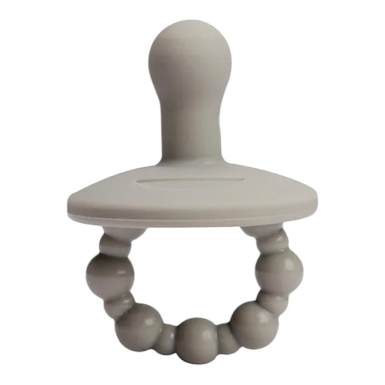 Mordedor de silicona Acüchichi color gris con diseño ergonómico de cuentas para aliviar la dentición del bebé.
