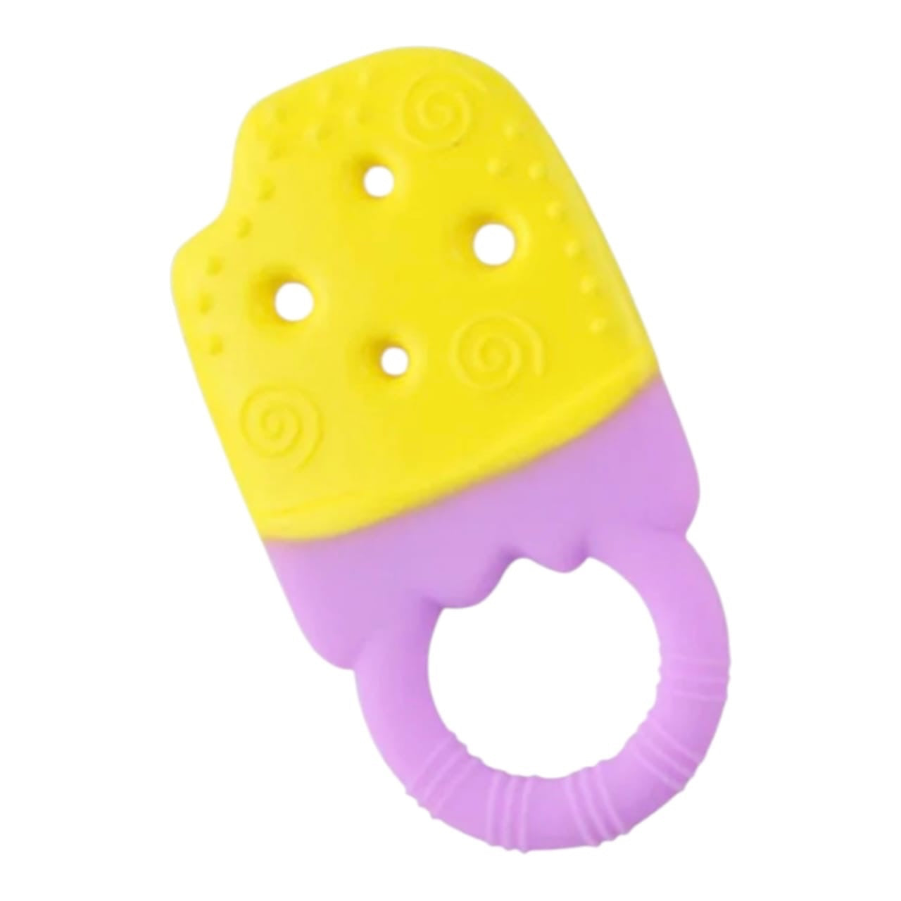 Mordedor de silicona Acüchichi con forma de helado amarillo y morado, ideal para aliviar las encías del bebé.