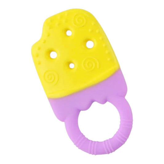 Mordedor de silicona Acüchichi con forma de helado amarillo y morado, ideal para aliviar las encías del bebé.