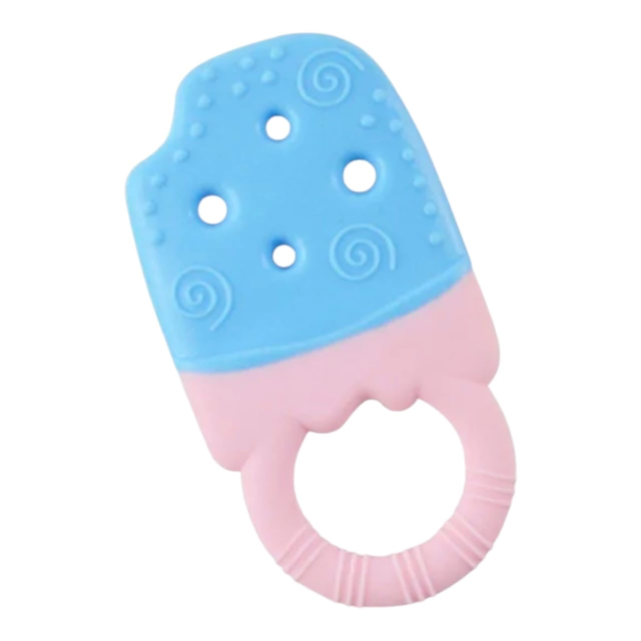 Mordedor de silicona Acüchichi con forma de helado azul y rosa, texturizado para aliviar la dentición del bebé.