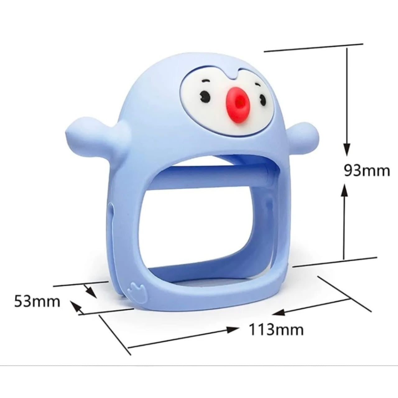 Mordedor de silicona Acüchichi con diseño de pingüino azul, ergonómico y seguro para aliviar la dentición del bebé.