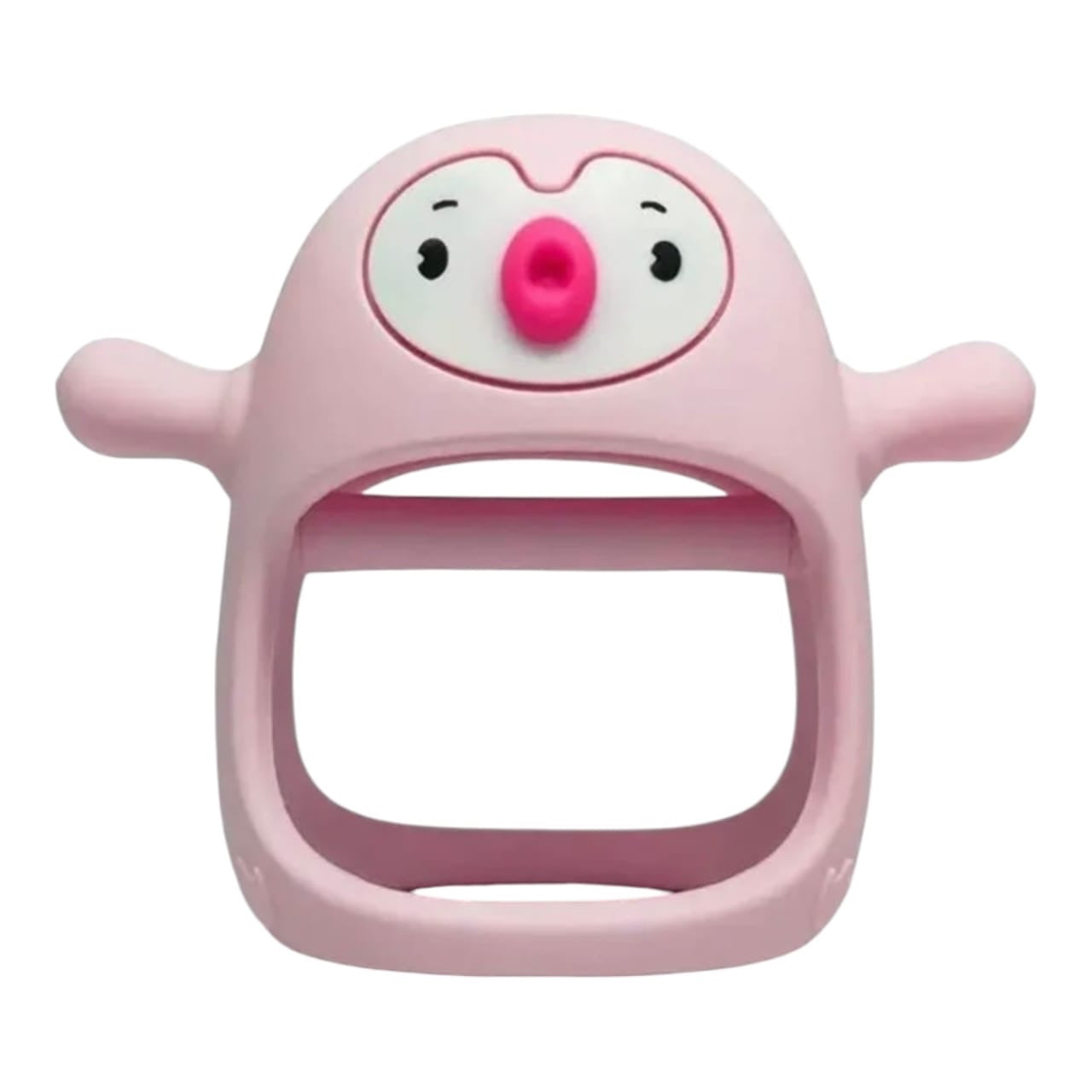 Mordedor de silicona Acüchichi para bebés con forma de pingüino rosa, suave y ergonómico para aliviar la dentición.