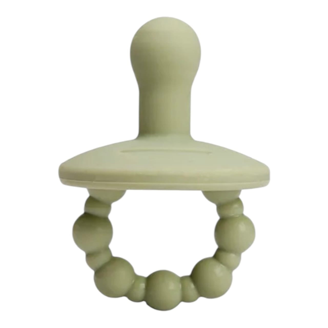 Mordedor de silicona Acüchichi color verde salvia con diseño ergonómico de cuentas texturizadas para bebés.