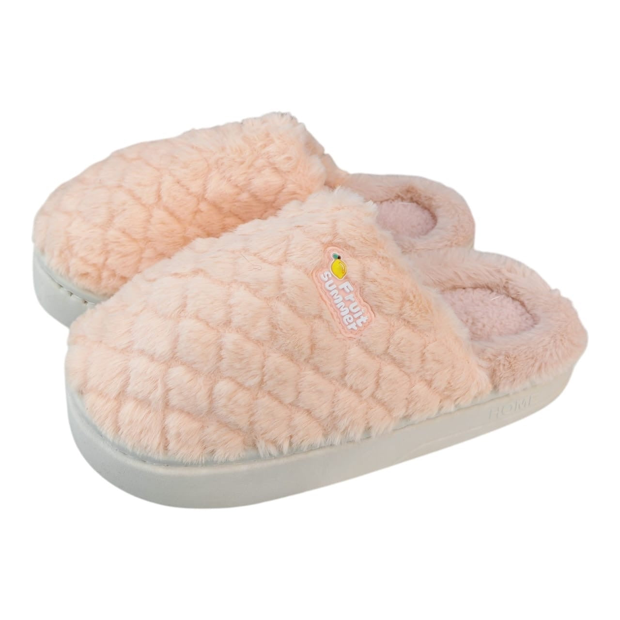 Pantuflas Acüchichi de felpa color melocotón con diseño acolchado y detalle Fruit Summer para descanso en el hogar