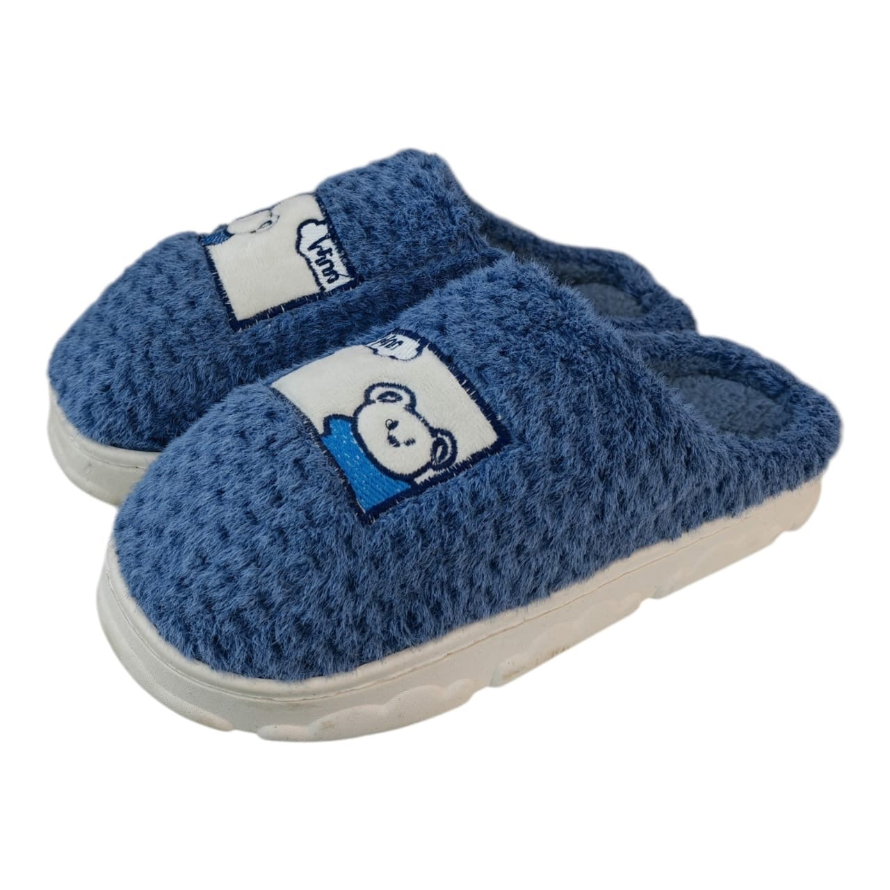Pantuflas Acüchichi de felpa azul ultra suaves con bordado de osito y suela antideslizante para descanso en el hogar