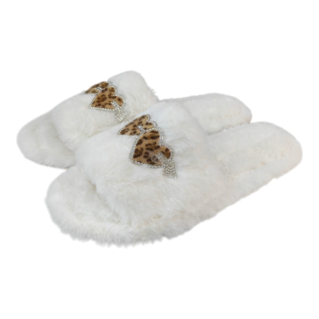 Pantuflas Acüchichi de felpa blanca con aplique de corazón animal print y brillantes para descanso en casa