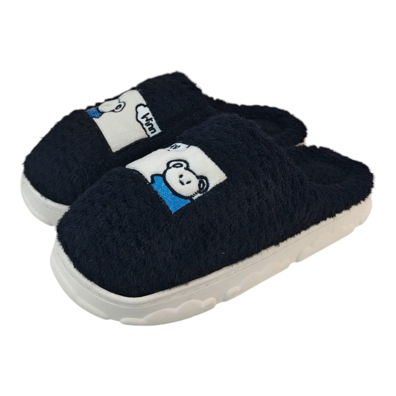 Pantuflas Acüchichi de felpa negra con diseño de osito bordado y suela blanca antideslizante para el hogar