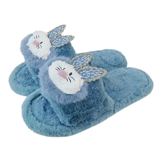 Pantuflas Acüchichi de peluche azul con diseño de conejito esponjoso y punta abierta para descanso en casa