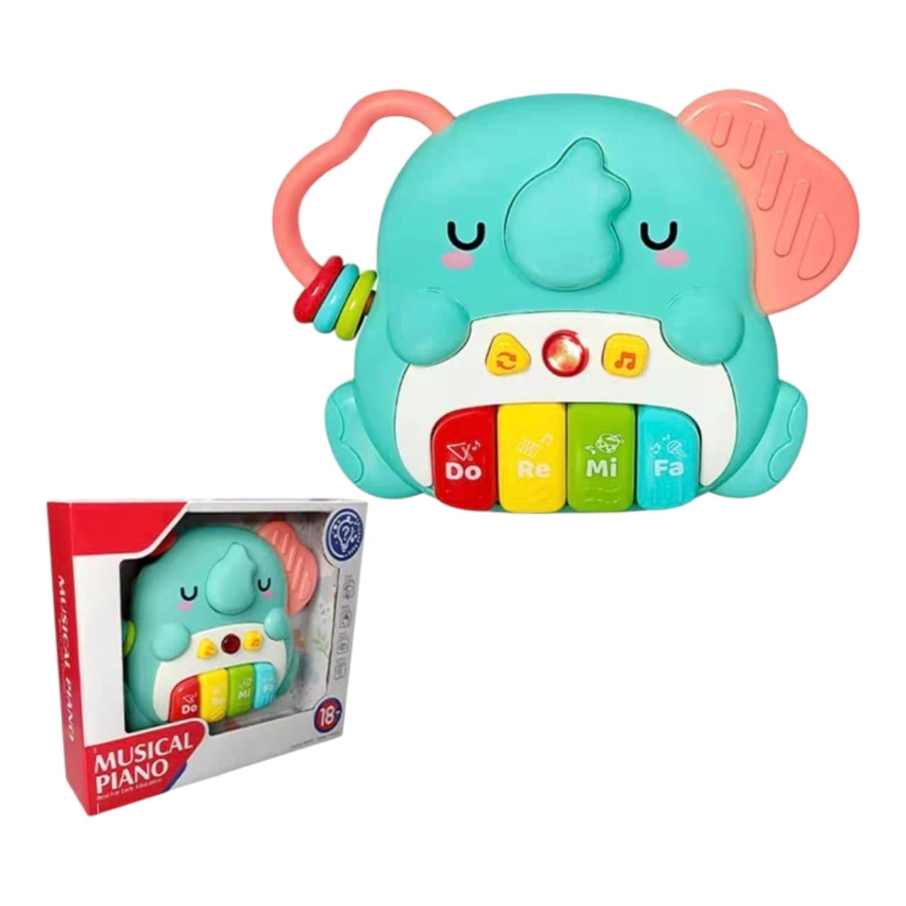 Piano musical Acüchichi con forma de elefante color turquesa, teclas coloridas y asa con aros para bebés.