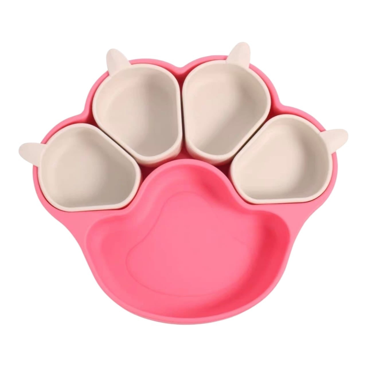 Plato de silicona Acüchichi para bebés con forma de huella, color rosa y crema, con compartimentos divididos.
