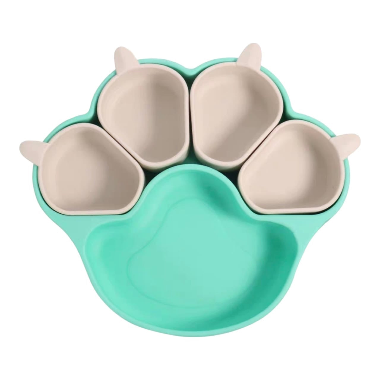 Plato de silicona Acüchichi para bebés con diseño de huella en color verde menta y beige, con compartimentos divididos.