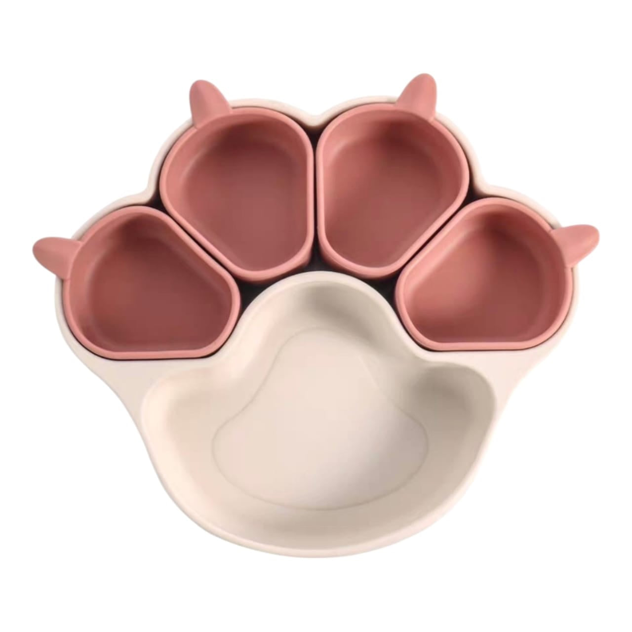 Plato de silicona Acüchichi para bebés con diseño de huella en tonos rosa y crema, con compartimentos divididos.