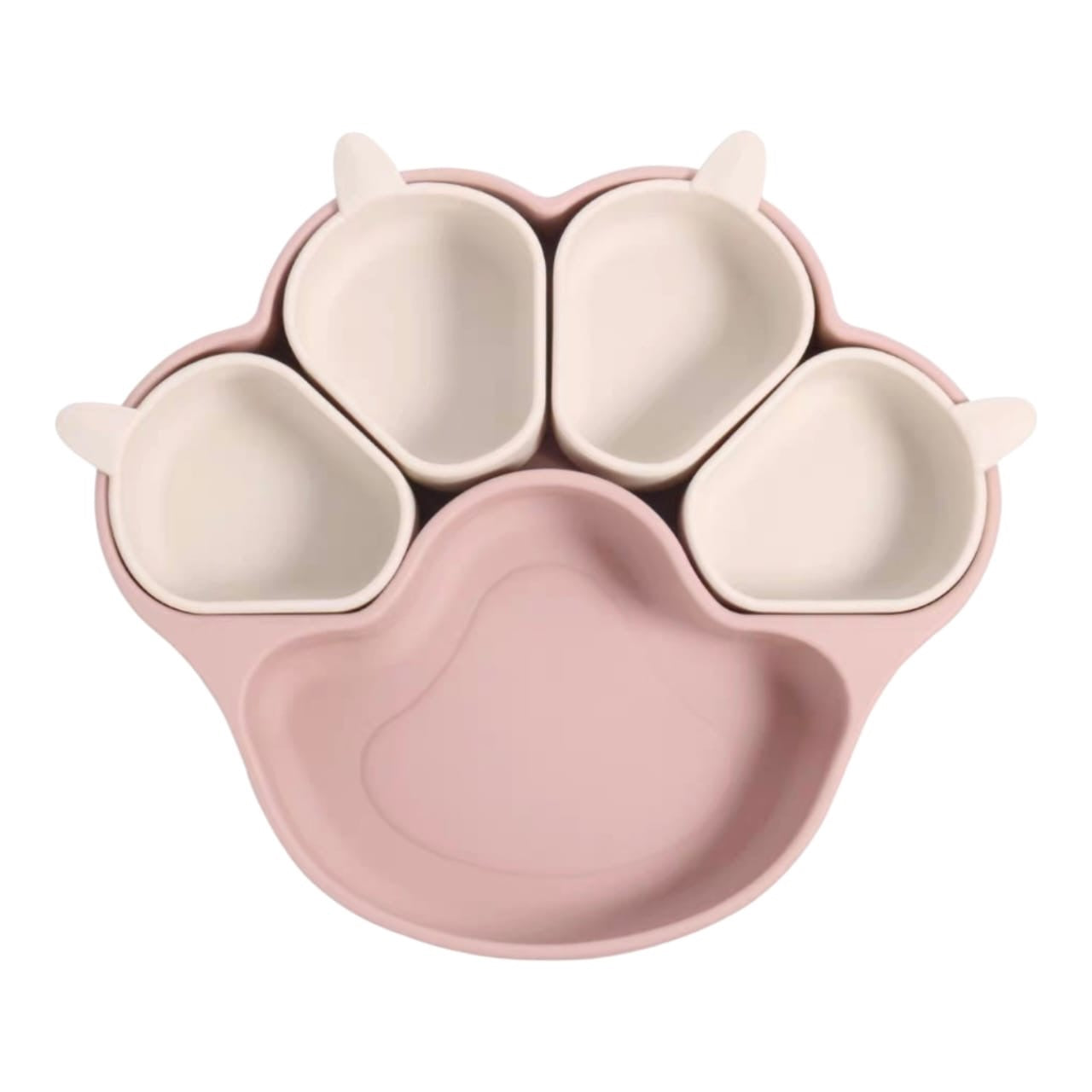 Plato de silicona Acüchichi para bebés con diseño de huella en color rosa y crema, con compartimentos divididos.
