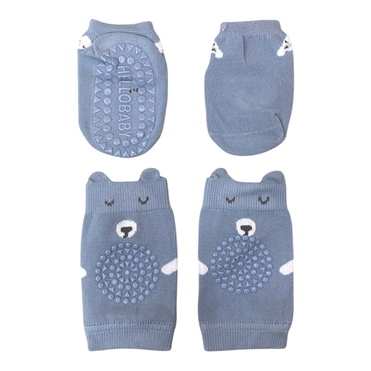 Set Acüchichi de rodilleras y calcetines antideslizantes azules con diseño de osito y puntos de silicona para bebés.