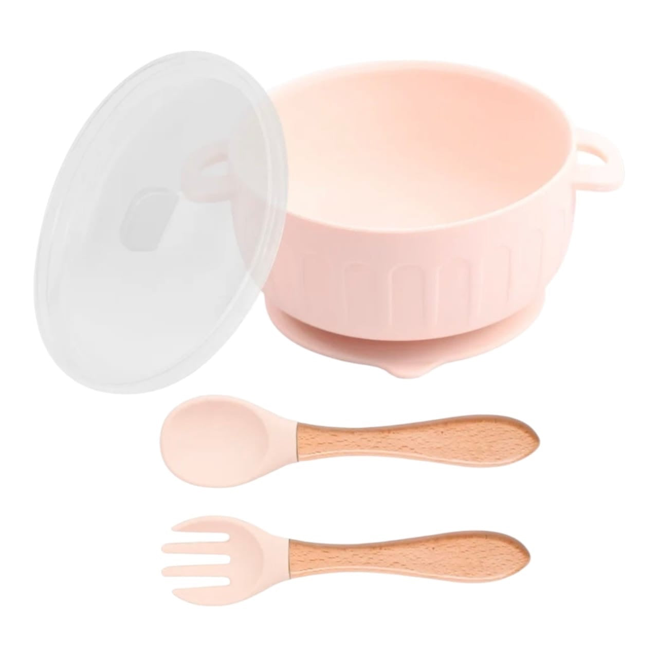 Set de alimentación Acüchichi color rosa con tazón de succión, tapa, cuchara y tenedor de silicona y madera