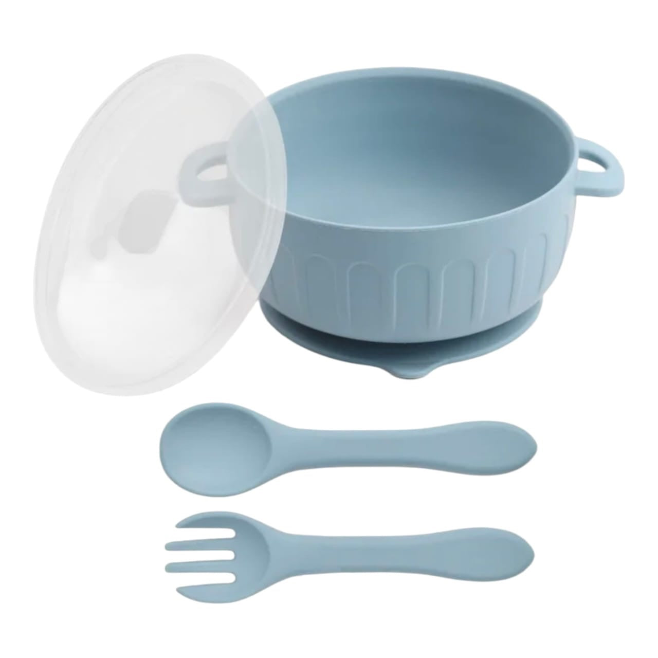 Set de alimentación Acüchichi de silicona azul con tazón de succión, tapa transparente, cuchara y tenedor ergonómicos.