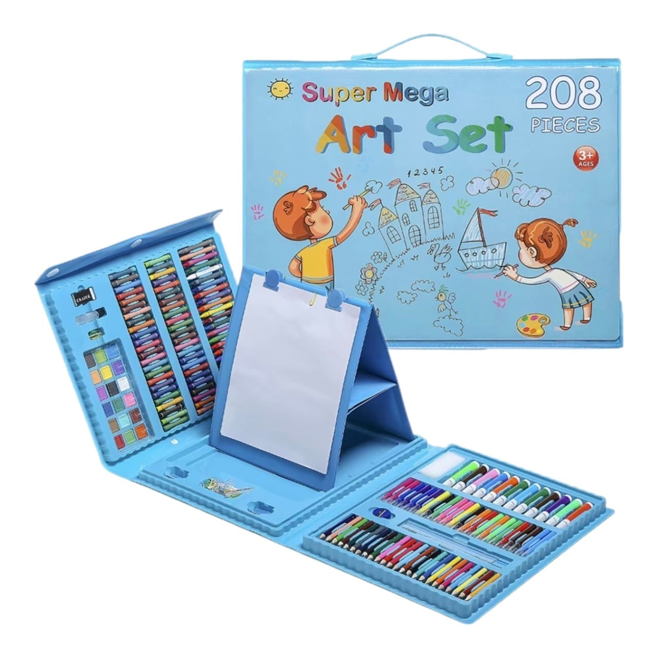 Set de arte Acüchichi de 208 piezas en maletín azul plegable con caballete, lápices, crayones y acuarelas para niños.